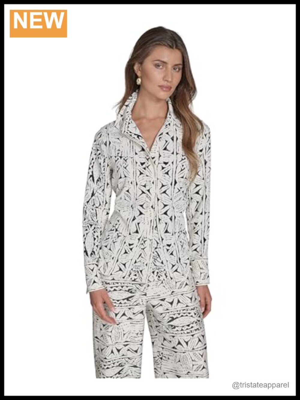 Long Sleeve Printed Button Up Blouse Collared Lightweight Polyester Women's